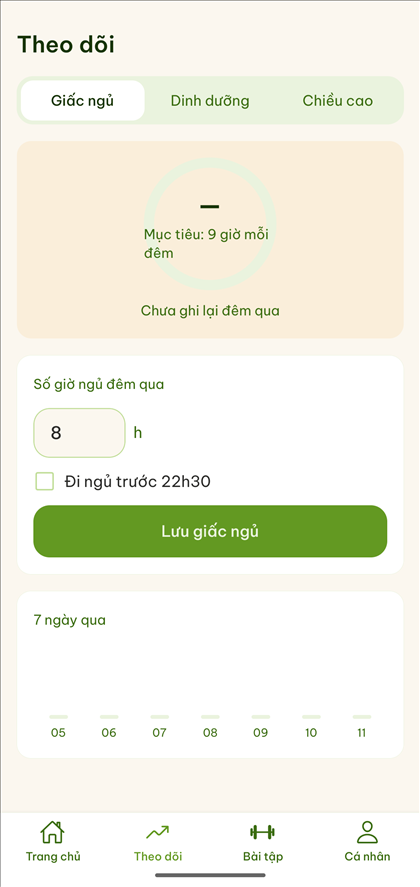 Ghi lại giấc ngủ, dinh dưỡng và chiều cao